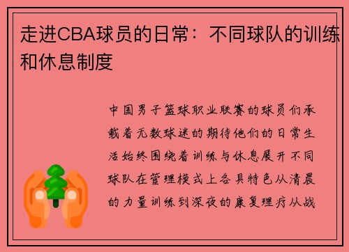 走进CBA球员的日常：不同球队的训练和休息制度