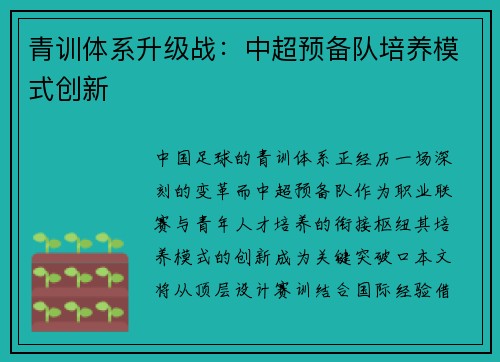 青训体系升级战：中超预备队培养模式创新
